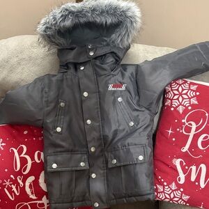 Smoke grey Puffer Jacket with Faux Fur Hood.